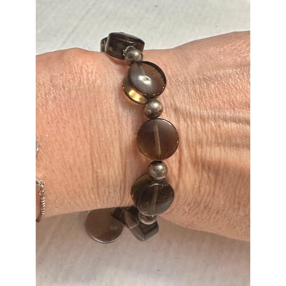 Smoky Quartz Sterling‎ Silver 925 Beaded Toggle Bracelet Brown Stone 8.5 Inch - Picture 8 of 9